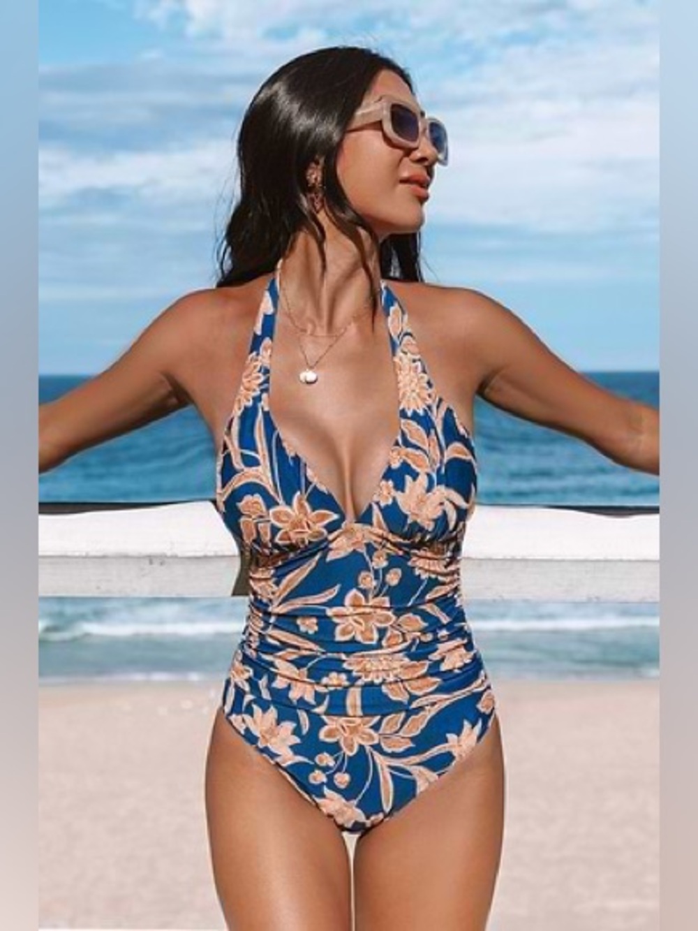Cupshe / Boho Blue Floral Halter One-Piece Tummy Control Swimsuit - Sz L - NWOT